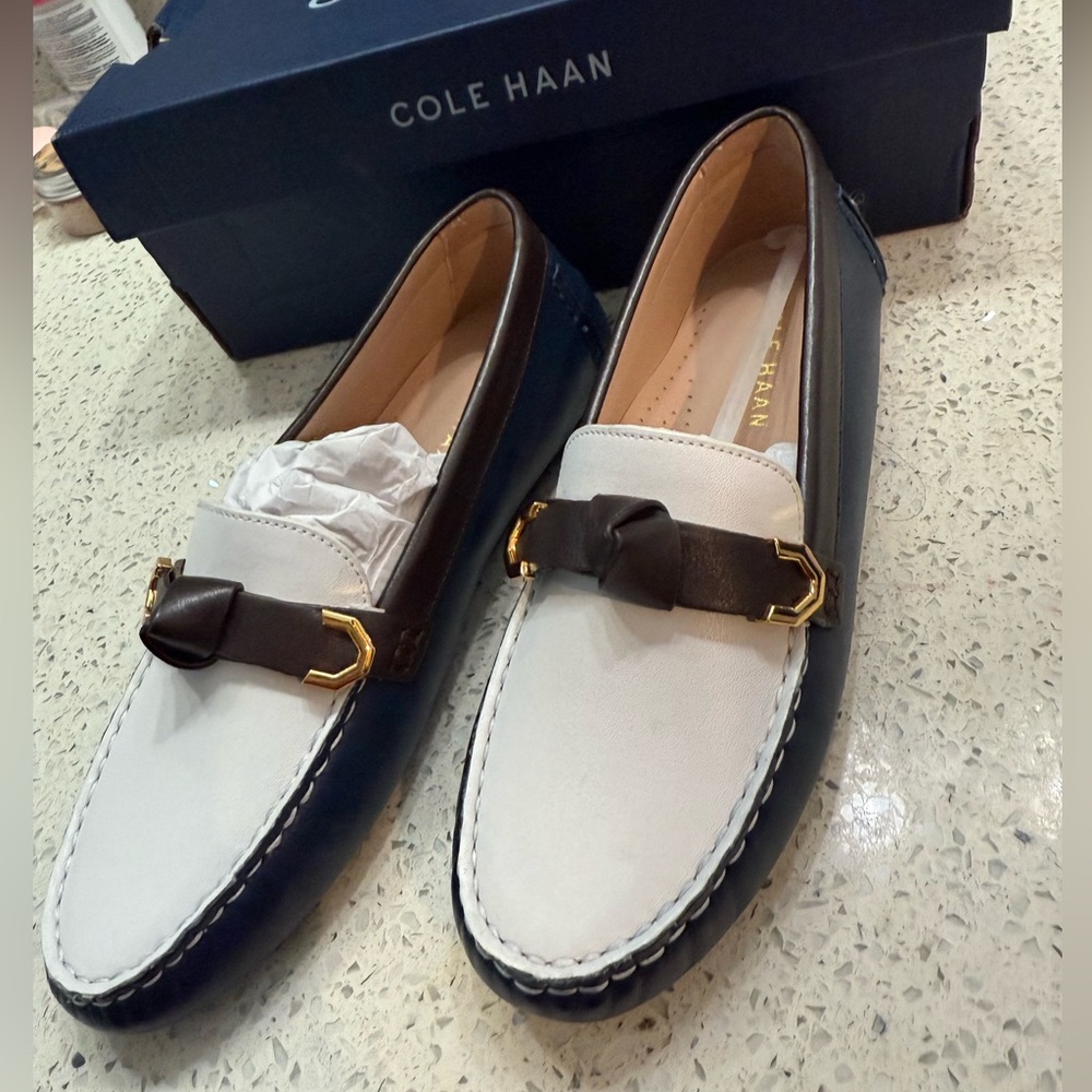 Cole Haan White and Brown Flats with Moccasin Stitching